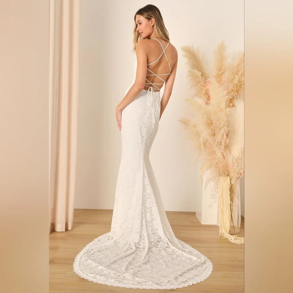 Lulus Perfectly Beloved White Lace Sleeveless Lace-Up Maxi Dress S Wedding Bride - Picture 5 of 12